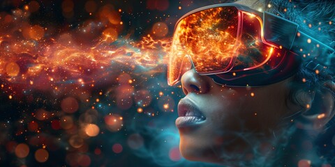 Amazed Black Person with VR Headset Gazing at a Stellar Simulation - obrazy, fototapety, plakaty
