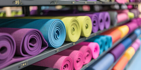 row of yoga mats rolled up on shelf