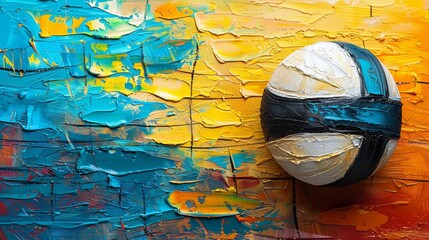 Colorful beach volleyball ball in abstract, oil with palette knife technique, on a brightly colored canvas, enhanced by vivid highlights and dramatic light