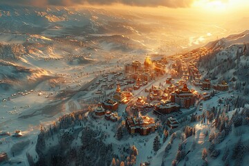 Snowcovered city nestled in mountainous landscape viewed from above - obrazy, fototapety, plakaty