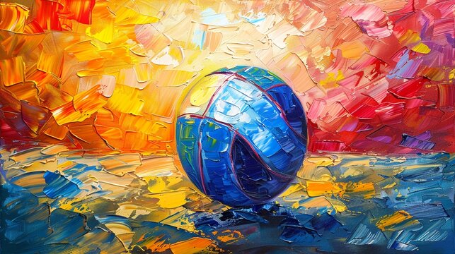 Abstract oil painting of a volleyball beach ball, colorful body, palette knife strokes, on a vibrant background with dramatic lighting and highlights