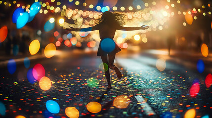 A woman is running on a street with lights in the background. The lights are colorful and create a...