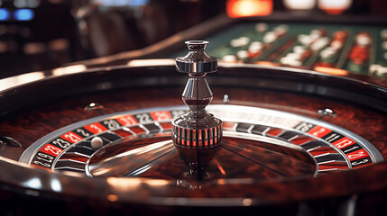 A silver colored roulette wheel with a red and black ball on it. The wheel is surrounded by a wooden frame - Powered by Adobe