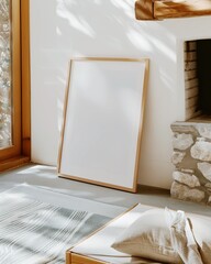 vertical wooden frame mock up, wooden frame poster near fireplace on floor with white wall
