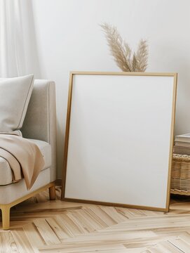 wooden frame poster on bedroom floor with white wall, vertical wooden frame mock up