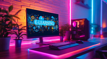 Interactive e-learning platform displayed on computer monitor in a cozy home office. Neon-lit workspace with modern technology for online education. Engaging digital study environment.