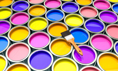 Vibrant paint cans and brush arrangement