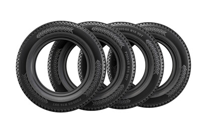 Stack of new car tires on white background