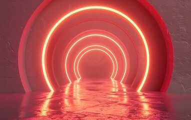 An enchanting tunnel of glowing neon arches in vivid shades of pink and orange, creating a surreal and captivating atmosphere that beckons the viewer to explore further.