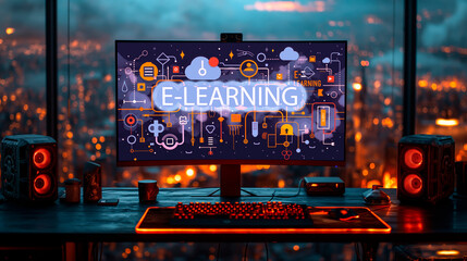 Elevated e-learning workspace overlooking city night lights. Interactive technology and modern design for engaging online education. Multimedia-ready computer setup for evening courses.
