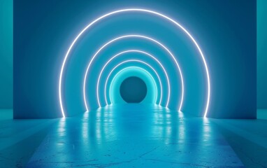 A visually striking neon-illuminated corridor, with a mesmerizing array of glowing concentric rings creating a sense of infinite depth.