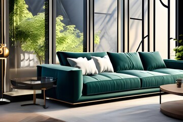 1. Cozy modern living room with plush green sofa and stylish decor against dark background.