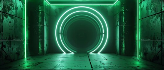 A mesmerizing tunnel-like space filled with glowing neon circles, casting an ethereal green glow across a reflective wet floor, creating an otherworldly and surreal atmosphere.