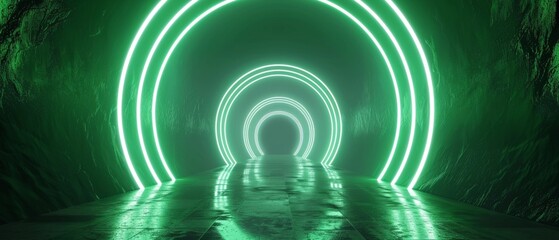 A dazzling vortex of glowing green neon rings recedes into the distance, creating an illusion of depth and drawing the viewer's eye into a hypnotic, mesmerizing space.