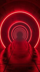 A striking, radiant crimson neon tunnel with a series of concentric arches creating a captivating, almost hypnotic visual experience.