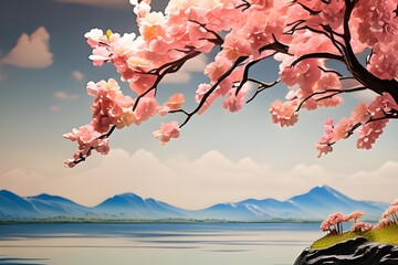 1. A panoramic view captures the enchanting beauty of cherry blossoms in full bloom set against the sky.