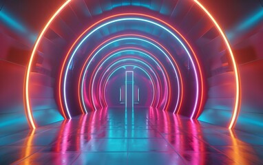A mesmerizing tunnel of glowing neon arches in shades of pink, purple, and blue, creating an...
