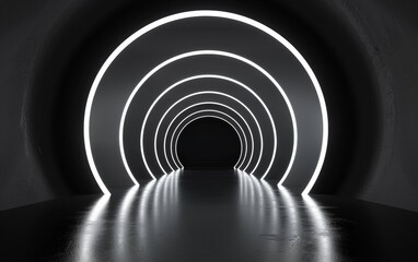 A dimly lit tunnel features a mesmerizing series of glowing concentric arches, creating a striking optical illusion and a sense of depth and infinity.