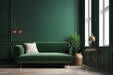 A cozy living room with a green sofa by the window.