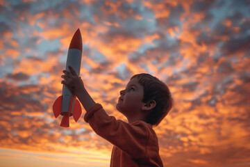 Boy raising toy rocket to the sky at sunset, dreaming big - Powered by Adobe