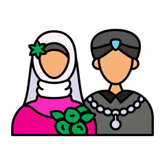 wedded husband wife concept, Boy and Girl On Nikah Ceremony vector icon design, Arabic Muslim marriage Symbol, Islamic wedding customs Sign,asian matrimonial stock illustration