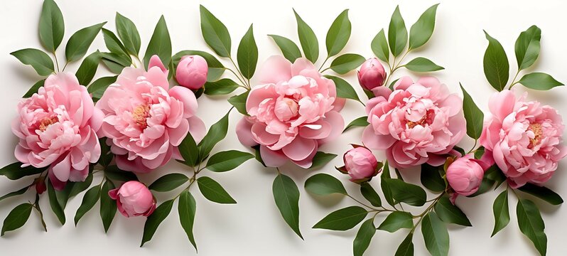 Fototapeta Symmetric Panoramic layout of fresh pink peonies with green leaves, ideal for spring themes, isolated on white
