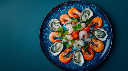 Seafood platter on a deep blue plate, capturing the essence of the ocean with an exquisite selection of seafood, artfully arranged to showcase the variety and freshness of the catch - obrazy, fototapety, plakaty