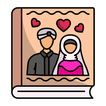 Photo Album Gift concept, Bridge and Groom Cover Picture on Book vector icon design, Arabic Muslim marriage Symbol, Islamic wedding customs Sign,asian matrimonial stock illustration
