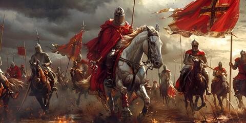 Fantasy Warrior Horse  Battle Banner knight on horseback Knights Templar
 - obrazy, fototapety, plakaty