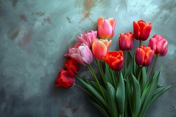 Fototapeta na wymiar Banner or background with a beautiful bouquet of tulips, romance