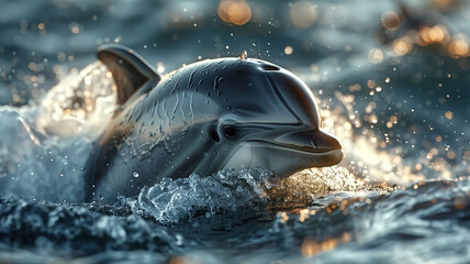 Happy dolphins rise above the surface of the water