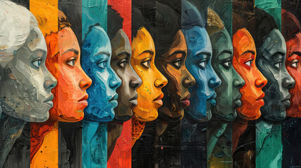 Obraz premium A vibrant abstract collage of colorful human faces combining geometric and organic shapes, banner