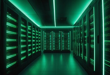Futuristic server room design with advanced server racks for optimal data storage and security, A glimpse into the future of data centers: High-tech server racks powering the digital age, 