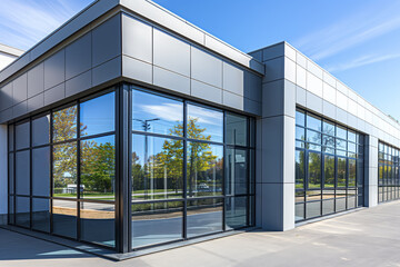 Modern building corner with glass facade and metal trim