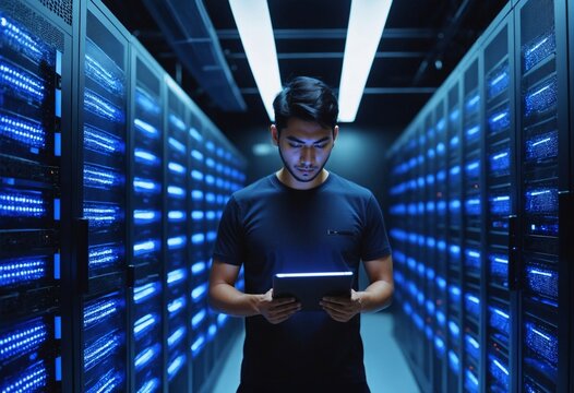 Focused Japanese IT technician in a server room, monitoring critical data infrastructure with a tablet, A skilled technician managing servers in a modern data center