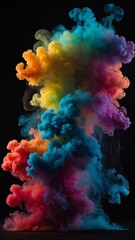 Fototapeta premium Vibrant explosion of colorful smoke fills dark background, creating mesmerizing visual effect. Colors range from deep blues, greens at top, transitioning into yellows, oranges, finally into reds.