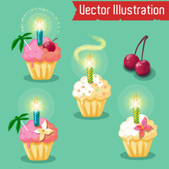 Vector illustration, set of decorative cupcakes with lit candles, tropical accents, and vibrant colors. Perfect for birthday, celebration, or dessert-themed designs in high-quality EPS format.