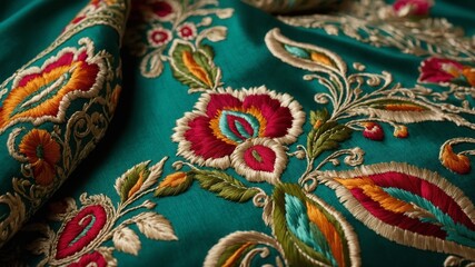 Vibrant, intricate embroidery adorns piece of teal fabric, showcasing mesmerizing blend of colors, textures that bring material to life. Meticulous stitches form elaborate floral patterns.