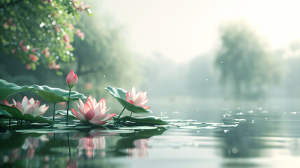 Serene Lotus Flowers in Misty Waters at Dawn. Digital Artwork of Peaceful Lake with Blooming Lotuses and Mountainous Background. Zen Meditation and Tranquility Concept - obrazy, fototapety, plakaty