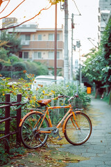 Fototapeta na wymiar vintage orange bike parked next to the street, POV, gen-z vibes, cottagecore, casual, aesthetic 