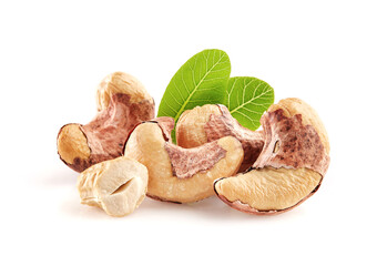Roasted cashew with leaves in closeup