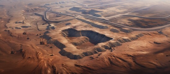 Aerial perspective of sand open-pit mining, with blurriness and distracting noise.