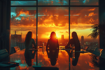 Three women at conference table, watching amber sunset through window
