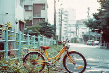 Fototapeta premium vintage orange bike parked next to the street, POV, gen-z vibes, cottagecore, casual, aesthetic 