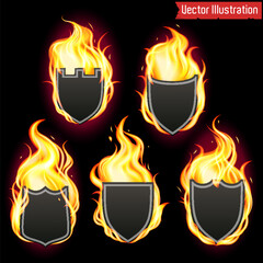 Flaming Hot Sale and Mega Deal Shields Vector Illustration. A set of designer labels in fire. 

