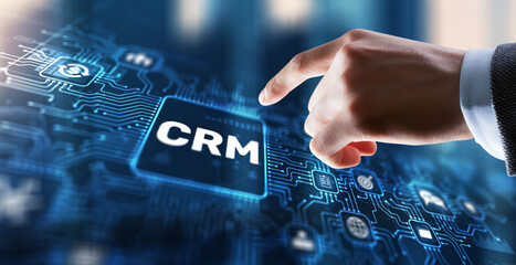CRM Customer Relationship Management. Businessman clicks. Business Internet Technology Concept - 780582700