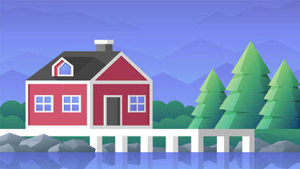 Norwegian traditional red house in summer near the pier and forest in colorful flat style.