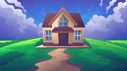 Road to cartoon colorful house. Lonely villa with a green plot on a stormy sky background.