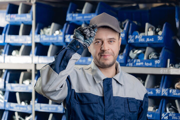 Industrial worker in warehouse on background steel fittings for hydraulic hoses in manufacturing...