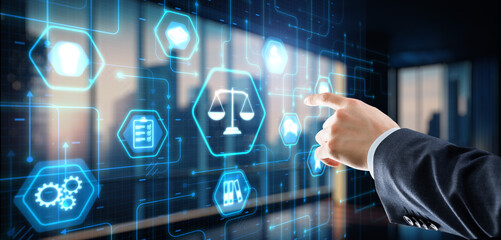 Justice and law concept. Icon Law on virtual screen. Blurred background - 780582930